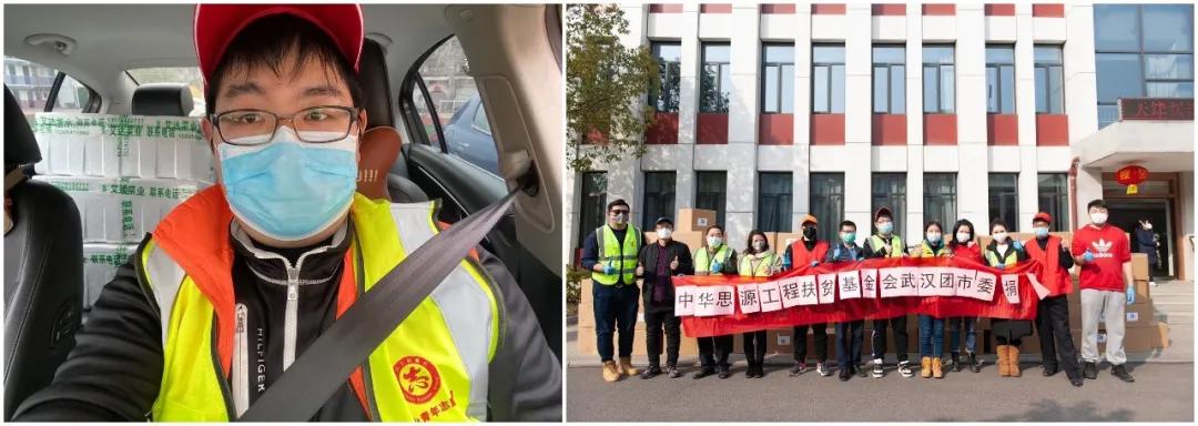 左圖：10輛轎車后座和后備箱堆滿了菜，出發(fā)送給社區(qū)；右圖：各位志愿者協(xié)助接收消毒防護(hù)物資